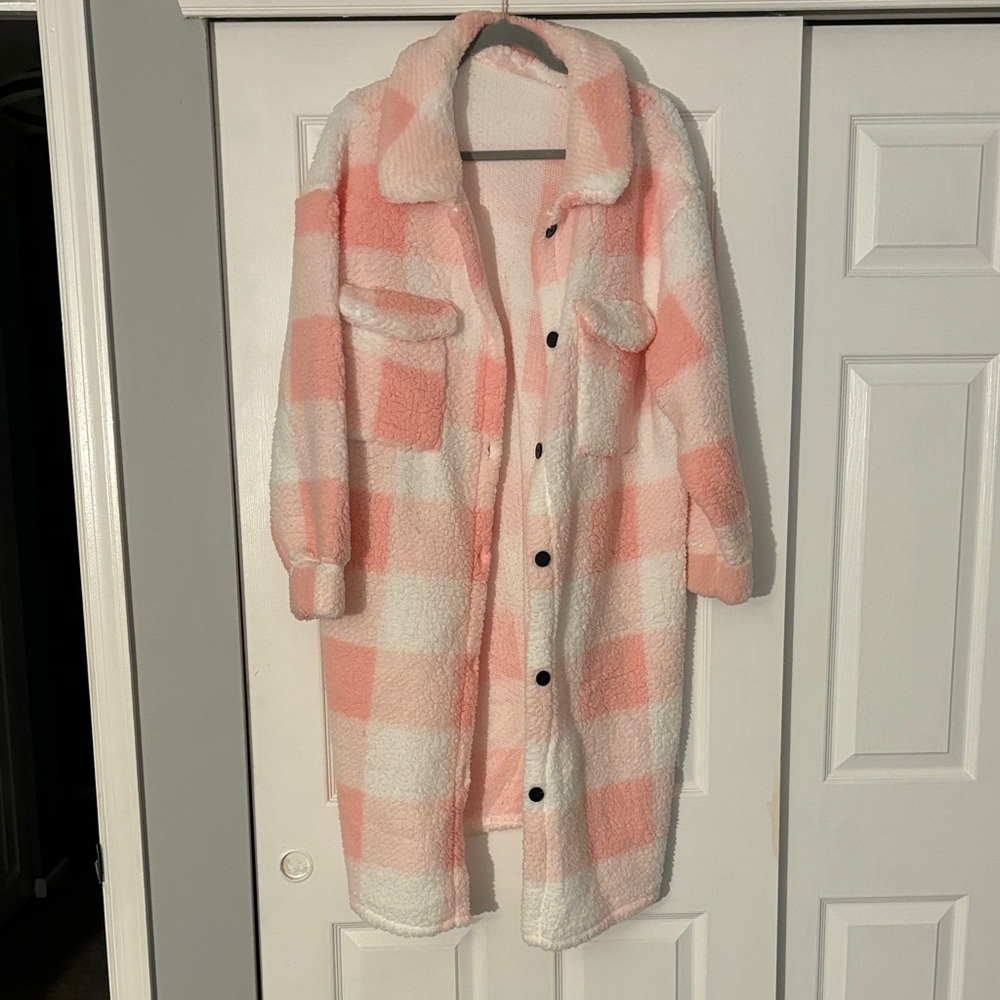 Shein Curve Pink and White Checkered Fleece Coat